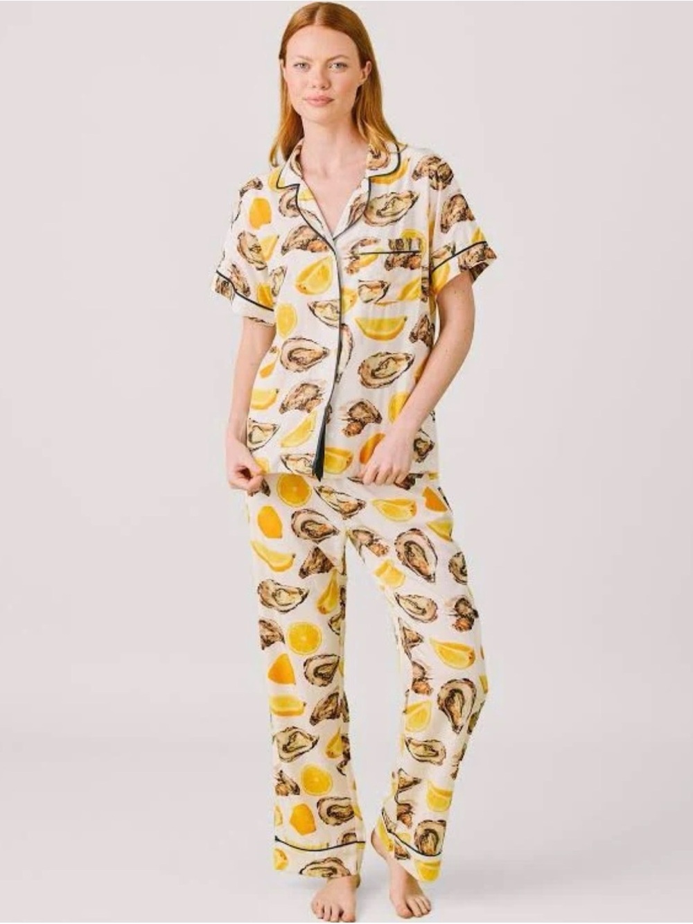 Katie Kime Nantucket Oyster Pajama Set Citrus Coastal Print Cotton Button Up M